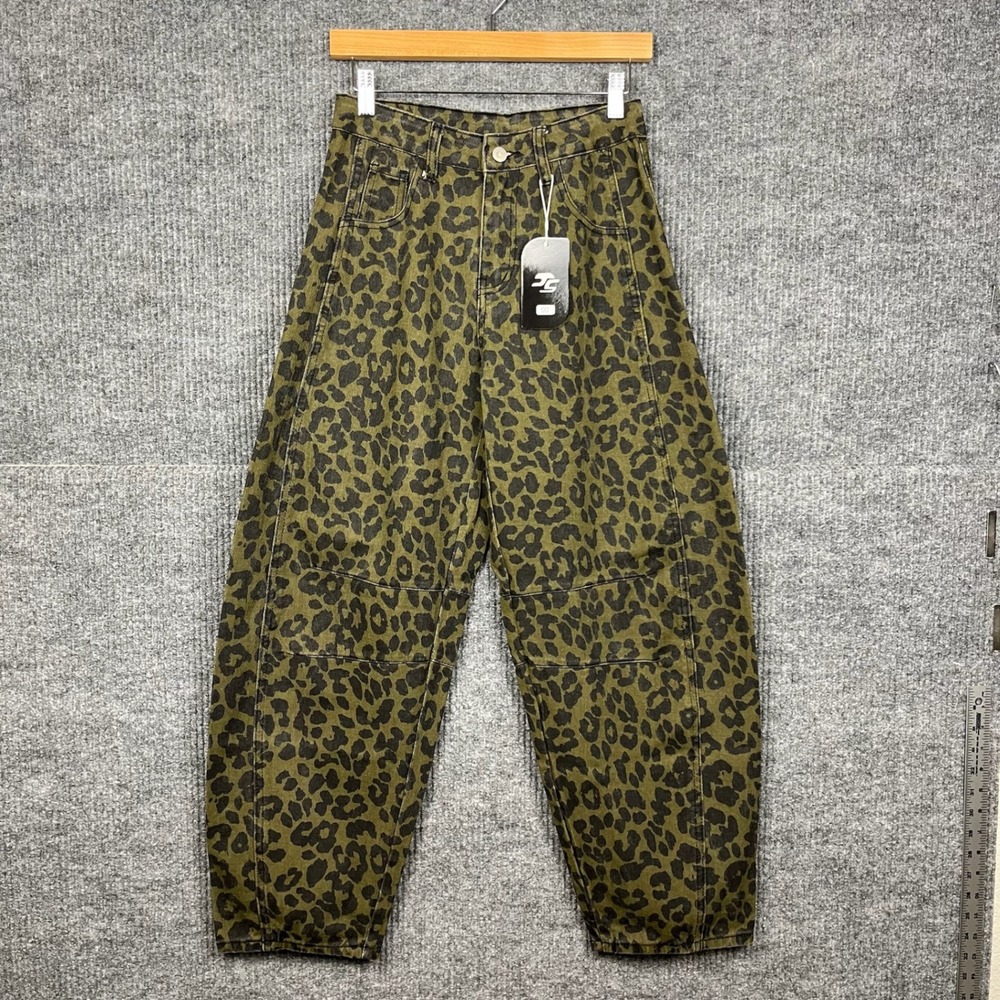 Hungson Barrel Leg Jeans Womens 4 Leopard Print Denim Indie Sleaze Alt Style NWT